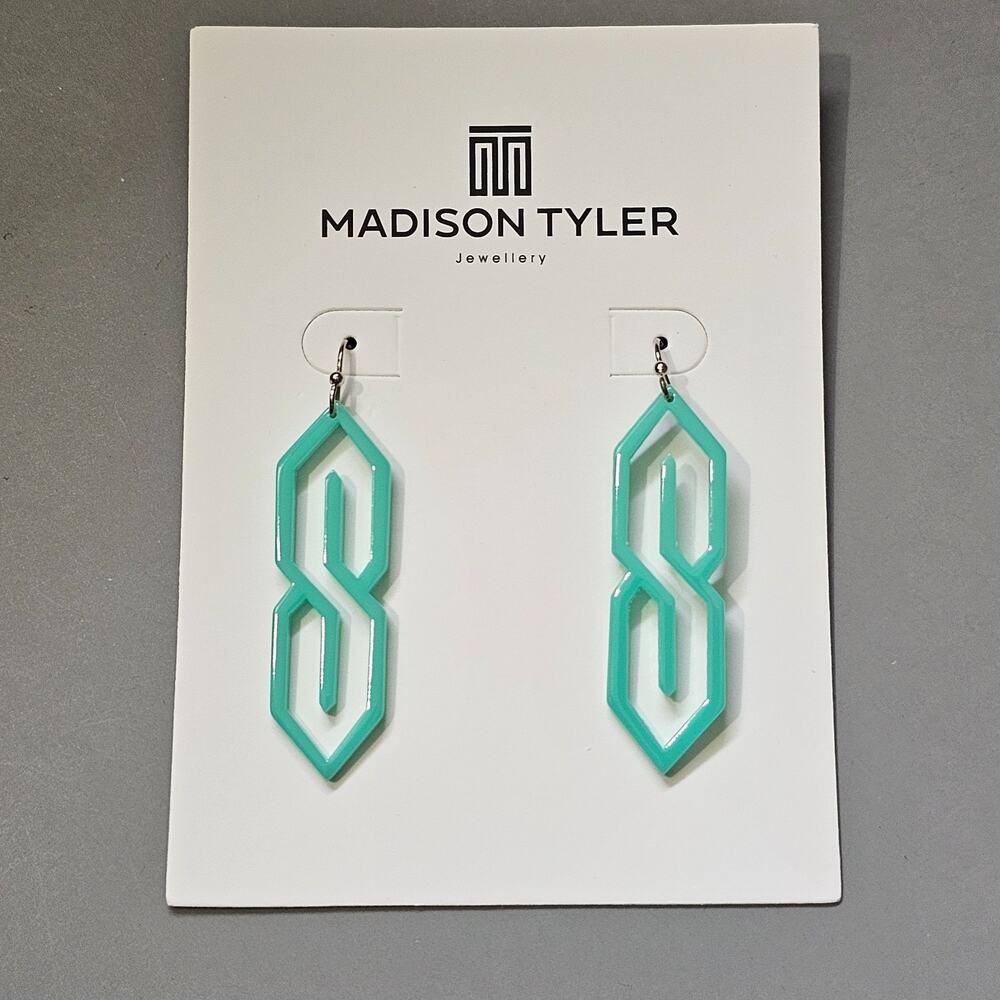 Madison Tyler Teal Green "Cool S" Dangle Earrings Retro 90s NEW